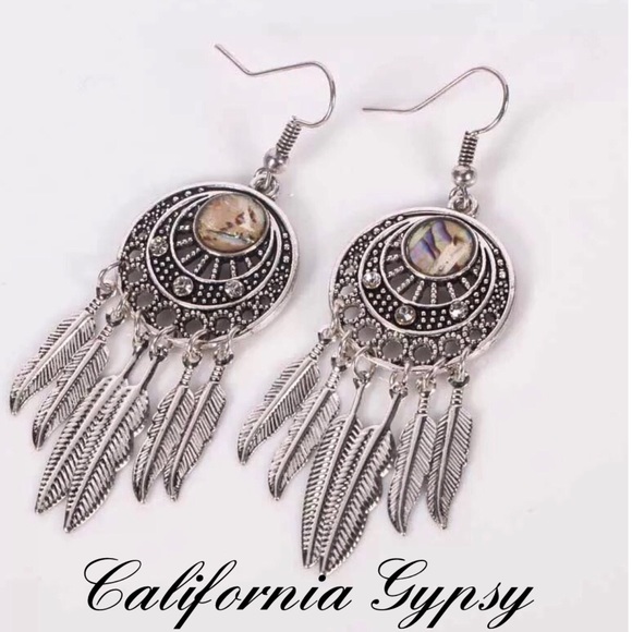 Silver Abalone Feather Bohemian Earrings - Picture 2 of 9